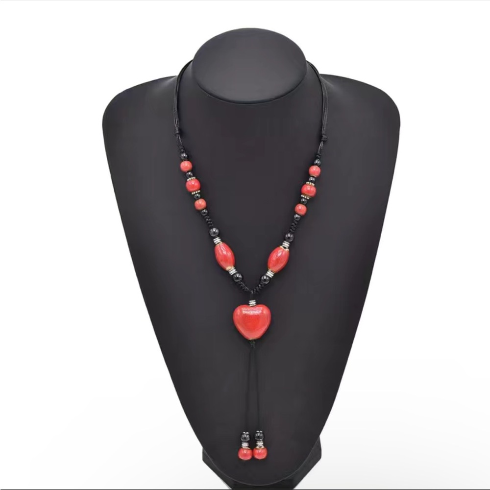 Bohemian Style Rust Color Heart Beads Ceramic Adjustable Retro Design‎ Necklace